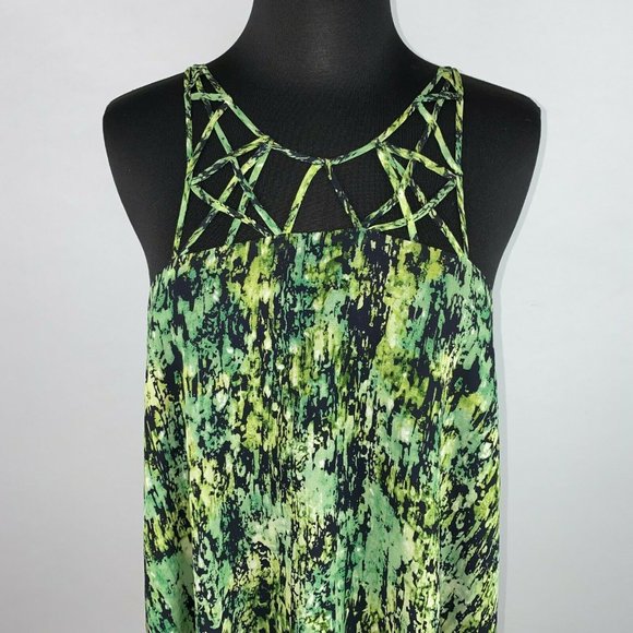 BCBGMAXAZRIA S Patterned Bakar Silk Cage Neck Tank Top In Evergreen Lined - Picture 3 of 12